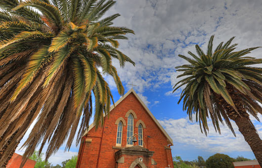 Historic Corowa building in between two old palm trees